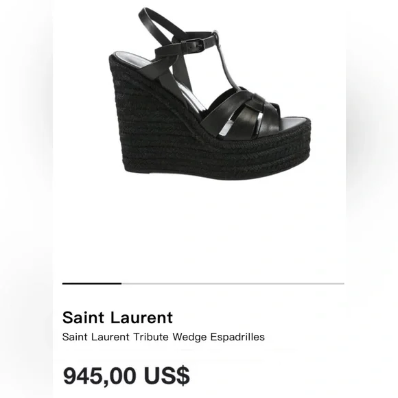 Saint Laurent Tribute Wedge Espadrilles Black Leather Platform Designer Sandals - Picture 1 of 10